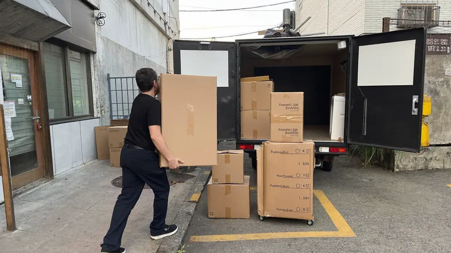 Worker carrying a large stack of flattened cardboard boxes out of a stockroom