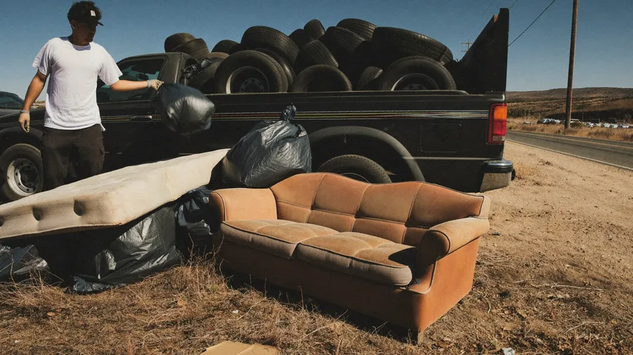 Worker clearing an illegal dump pile of tires, a couch and bags beside a rural road