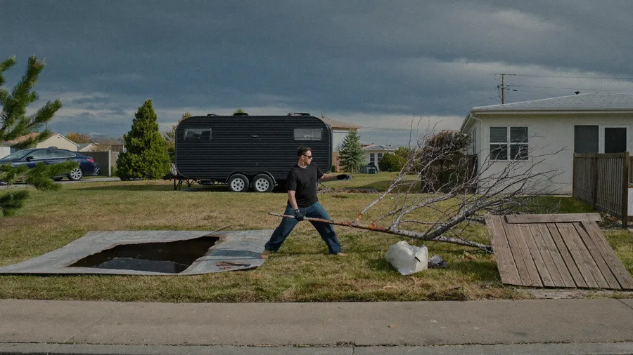 Worker dragging fallen tree branches to the trailer after a storm
