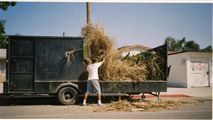 Worker throwing palm fronds and branches into a dump trailer at the curb